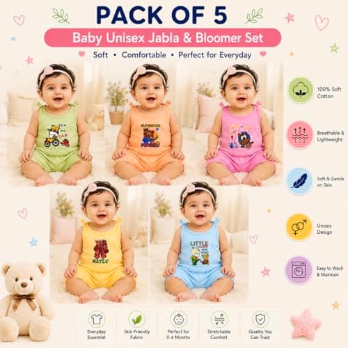 Krithvik Baby Boys & Girls Cotton Jhabla & Shorts Set | Sleeveless Vest & Strap Top with Bloomer | Snap Button | Soft Breathable Cotton | Unisex Newborn Clothing | 0-6 Months | Pack of 5 | Multicolor 3