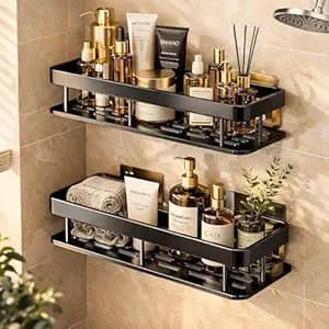 DALUCI Bathroom Shelf Without Drill for Wall | Self Adhesive Bathroom Organiser | Wall Mounted Bathroom Shelves Rack | Strong Adhesive Storage Organizer Stand (Black, Pack of 2)