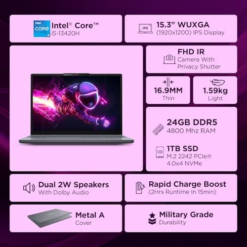 Lenovo IdeaPad Slim 3, 13th Gen Intel Core i5 13420H, 24GB RAM, 1TB SSD, WUXGA IPS, 15.3"/38.8cm, Windows 11, Office Home 2024, Grey, 1.6Kg, Backlit Keyboard, 1Yr ADP Free, 83K100PLIN, Laptop 2