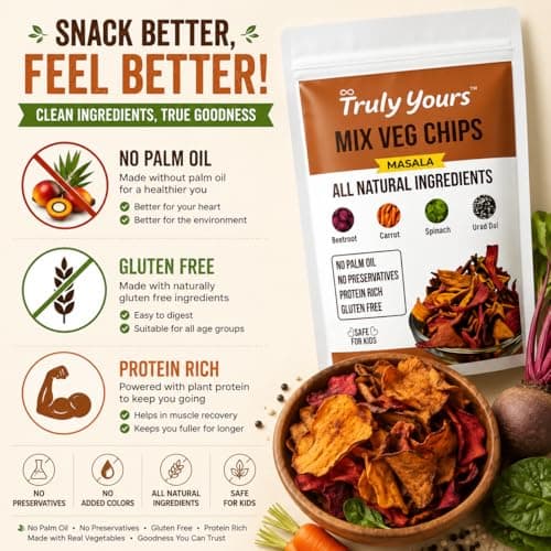 Truly Yours Mix Veg Chips Masala | Healthy Vegetable Chips Snack Made with Beetroot, Carrot, Spinach & Methi Dana | Gluten Free | No Palm Oil | No Preservatives | Crunchy Kids & Tea Time Snack 3