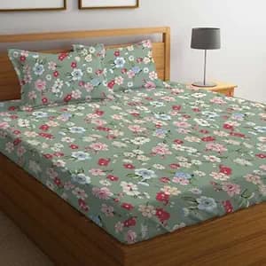LOOMLYFE 300 TC Cotton Feel Glace Cotton Elastic Fitted Printed King Size Double Bed Bedsheet with 2 Pillow Covers Fits Upto 8 inches Mattress, Size- 72X78 Inches, GreenRedFlower