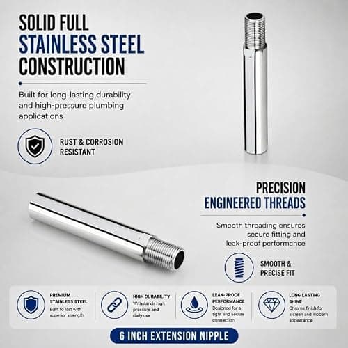 Stainless Steel Extension Nipple 6 Inch | Heavy Duty SS Pipe Connector | Leak Proof Threaded Fitting | Rust Proof Chrome Finish | Bathroom & Plumbing Extension Connector | Pack of 1 3