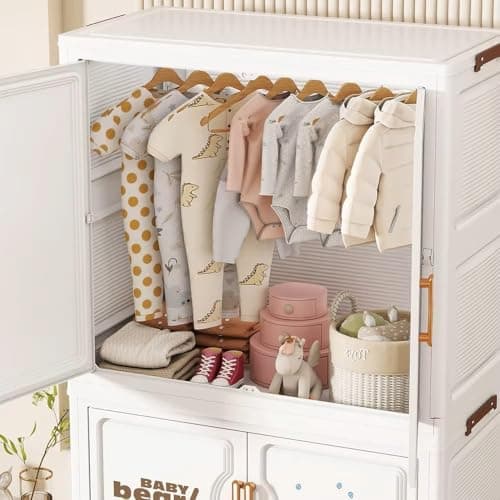 EXVITO Plastic Wardrobe for Cloth with Drawers & Hanging Rod | Baby Cupboard for Clothes Storage | Foldable Collapsible Plastic Almirah for Kids | Cartoon Design Cabinet for Bedroom - Butter Bear 4