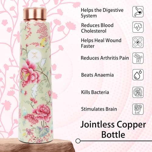 MERCAPE® - 100% Pure Joint Less Copper Bottles for Water with Leak Proof Lid | Ayurveda BPA Free & Non Toxic | Ayurvedic Office | Flower Print Bottle | Hiking Treking Bottle - 900ml 2