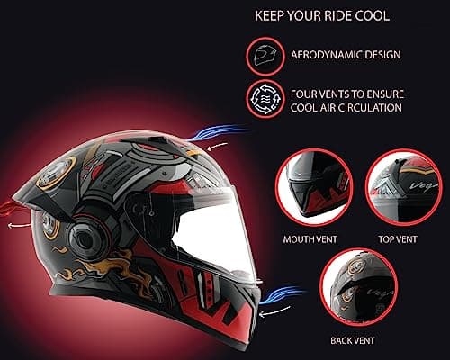 Vega Bolt Superhero ISI Certified Full Face Motorcycle Helmet with Impact Resistant ABS Shell High Density EPS Liner Scratch Resistant Visor Quick Release Buckle Comfortable Inner Padding Black Red He 3