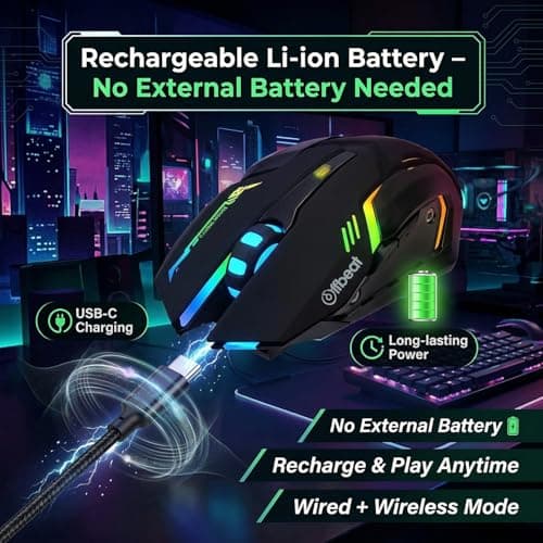 Offbeat RIPJAW 2.4Ghz Rechargeable Wireless Gaming Mouse, Silent Click Buttons Mouse - 7D Buttons, DPI : 1600,2400,3200, Mice for PC/Laptop/Smart TV/Mac(Light Weight) 5