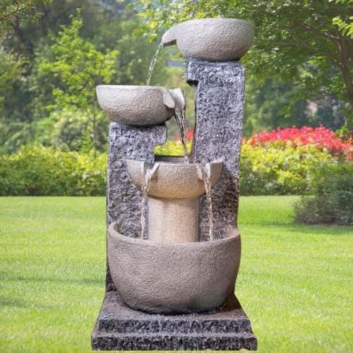 Shawshank Resin, Fiberglass 3ft Long 3 Bowl Grey Water Fountain for Indoor Outdoor Garden Home Decor, Stacked 4 Pot Water Fountain