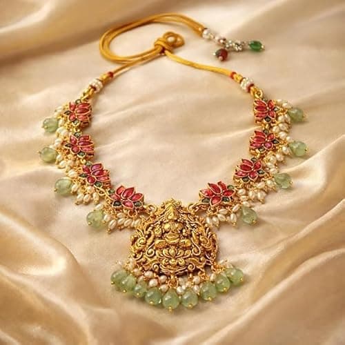 Visaga Aura Traditional Gold Plated Guttapusalu Necklace Set with Lakshmi Pendant,Lotus Design & Pearl Drops for Girls and Women | South Indian Temple Style Imitation Jewelry 5