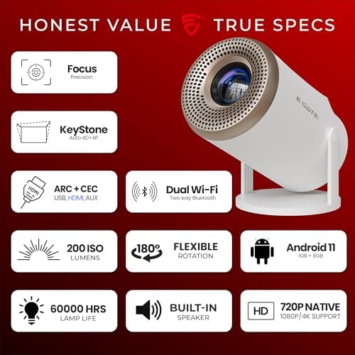 E GATE Atom 2X+ Smart Projector 4k Ultra HD | Built-in Live TV (120+ Channels no Subscription Required) | 200 ISO, 1080p & 4K Support, Auto Keystone | Netflix, Prime, WiFi & BT, Mirroring, eGate 2