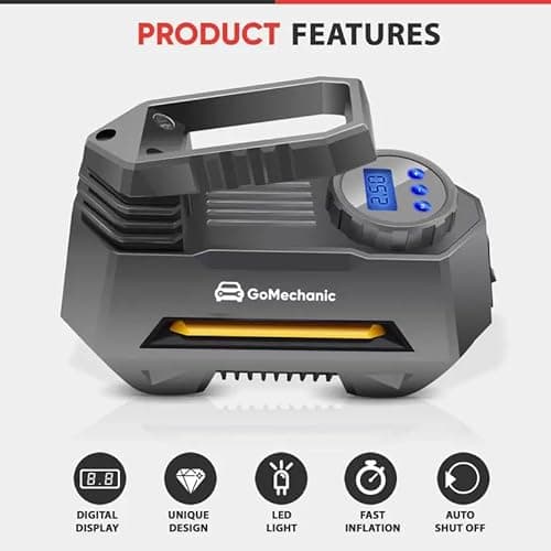 GoMechanic Digital Tyre Inflator for Car - 150 psi, 12V DC Portable Air Pump/Compressor with Digital Tyre Pressure Gauge, Suitable for Bikes, Bicycles or Any Inflatable With LED Light (Gusto T2) 2