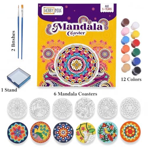 HOBBY INDIA Mandala Art Kit for Adults and Kids | DIY Tea Coaster Set of 6 with Painting Kit | Unique Art and Craft Kit Gift | Perfect Tea Coaster for Office Desk, Dining Table Kitchen Decoration 2