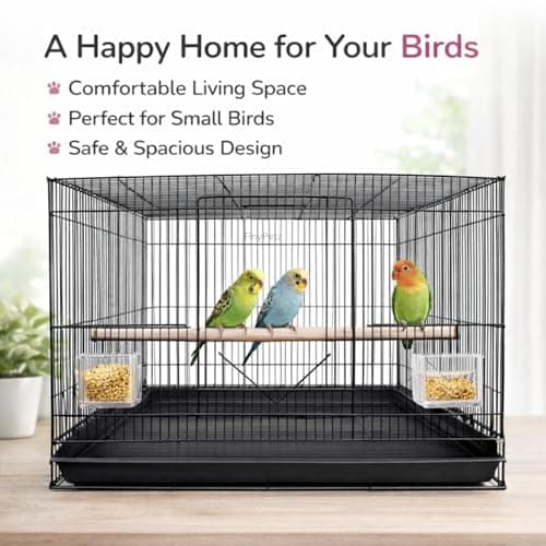 FinyPetz Bird Cage 15 Inch (Black) Small Bird Cage for Budgies Lovebirds Finches Parrots with Free Food Cup Water Cup Perch Stick Easy Clean Tray Metal Bird House Cage Portable Aviary Indoor Outdoor 3