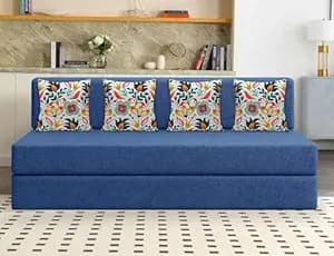Los Angeles Foldable Four Seater Sofa Cum Bed, Sofa Bed 6 X 6 Ft, Jute Fabric Washable Cover- Including Cushion Perfect for Living Room - Blue
