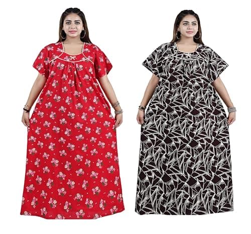 Bejod's Collection Cotton Nighty Combo Pack of 2 | Full Length Printed Maxi Night Dress | Soft Breathable Nightwear Gown for Women | Plus Size Women Nighty XL, XXL, 3XL