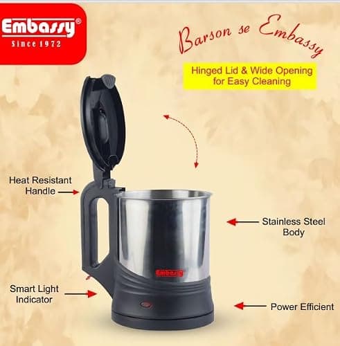 EMBASSY Electric Kettle Stainless Steel 1.7 L | 1000W | Superfast Boiling | Auto Shut-Off | Boil Dry Protection | 360° Rotating Base | 2 YEAR WARRANTY | Silver and Black 3