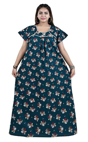 Bejod's Collection Women's Nighty Cotton Maxi Nightdress – Printed Floral Full-Length Nightgown, Plus Size Loose Fit Sleepwear Summer Nightwear for Women XL-3XL (Blue, XL)