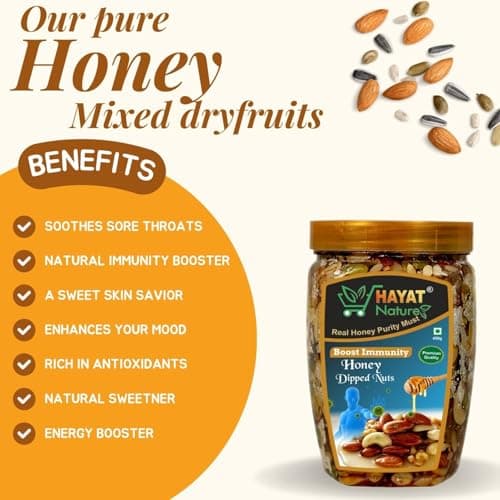 Hayat Nature Honey multi flora mixed dry fruits and nuts, Roasted and Crunchy with Immunity & Energy Booster, Zero Chemicals & Preservatives. Pure and Natural Dry Fruits & dipped in organic honey 450g 5