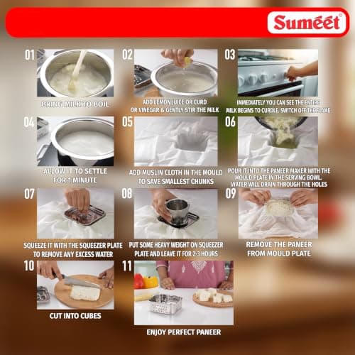 Sumeet Stainless Steel Square Shape Paneer/Tofu/Sprout Maker/Mould/Press, Easy and Perfact for Home Made Healthy Paneer, 12.5cm Dia, 600gms Paneer from, 3 liter Milk, Silver 3