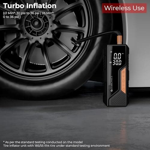Zebronics, Portable Tyre Inflator, Wired and Wireless, 150 PSI Turbo Inflation, Digital Display, 6000 mAh Rechargeable Battery, Type-C & 12V Support, Power Bank, SOS Light, Multi Nozzles (19TI6A) 4