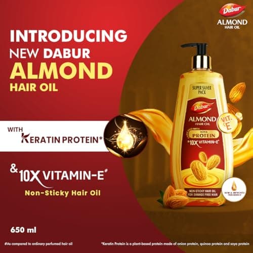 Dabur Almond Hair Oil - 650 ml|Provides Damage Protection|Non Sticky Formula|For Hair Fall control & Shiny Hair|Light Hair Oil with Almonds, Keratin Protein, Soya Protein & 10X Vitamin E (Pack of 1) 5