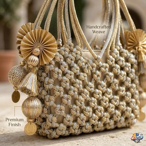 Women’s Handmade Boho Clutch Purse with Beaded Bear Emblem, Stylish Party & Wedding Handbag, Ring Handle Mobile Pouch for Essentials, Horizontal Woven Clutch for Women (Woven Cord Handbag, Large) 5
