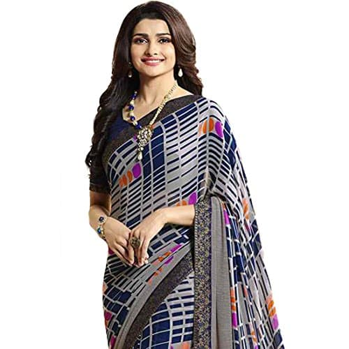 RAJESHWAR FASHION WITH RF Women's Block Printed Georgette Sarees For Women With Jacquard Lace Border & Blouse(A16 ROYAL BLUE_Multicolored_Free Size 6.30 Mtr) 4