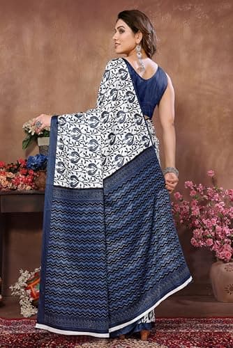 SAREEZAA Women's Dola Silk Floral Printed Woven Sequence Zari Border Saree with Unstitched Blouse Piece (Blue) 2