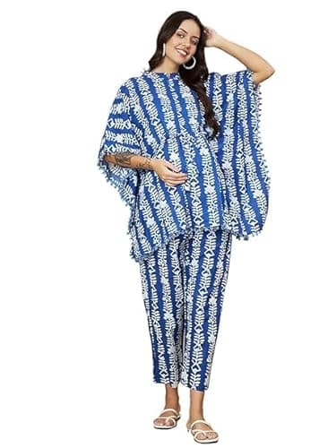 Aaheli Women's Blue & White Cotton Printed Maternity Kaftan Set | Adjustable Waist & Elasticated Pants | Comfort Fit for Pre & Post Pregnancy | Soft Nursing & Lounge Wear | Size XL