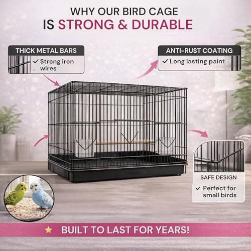 FinyPetz Bird Cage 15 Inch (Black) Small Bird Cage for Budgies Lovebirds Finches Parrots with Free Food Cup Water Cup Perch Stick Easy Clean Tray Metal Bird House Cage Portable Aviary Indoor Outdoor 5