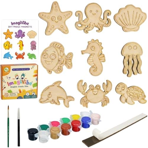 ImagiVibe Paint Your Own 9 Sea Creatures Fridge Magnet DIY Kit for Kids | Ocean Theme MDF Painting Craft Set | Creative Art & Craft Activity | Made in India (Sea Creatures)