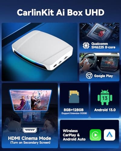 Carlinkit Tbox UHD Magic Box, HD Video Feature in The Sub-Screen, Android 13.0, HDMI Output, Qualcomm 6225 with 8+128GB, Support Wireless CarPlay/Android Auto/Ambient Light/SIM Card 4