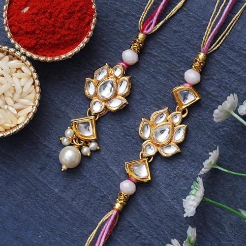 eCraftIndia Set of 2 Lotus Floral Kundan Designer Rakhis, Best Bro Ever Fridge Magnet with Roli Chawal Pack - Rakhis for Brother, Bhabhi, Kids 2