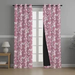 BFAM Floral Print 100% Blackout Curtain with Black Linning at Back, Floral Print Curtains for Living Room/Bedroom Thermal Insulated Energy Saving, Pink Flower, 5FT, Pack of 1 Curtain