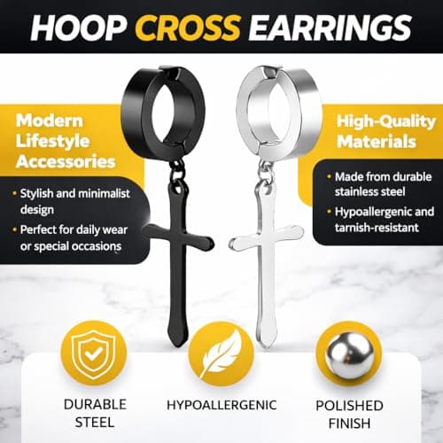 Vien Jewelry Jesus Cross Black/Silver Stainless Steel Hoop Huggie Earring for Men and Women 5