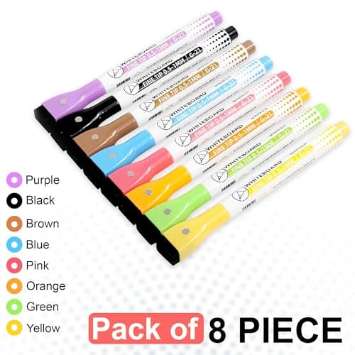 GLUN® Multicolour Whiteboard Markers Pens, Pack of 8 Dry Erase Markers with Eraser on Cap, Magnetic Washable Markers for White Board 2