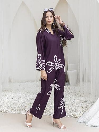 TITTLI Printed Rayon Co-Ord Set for Women | Mandarin V-Neck Full Sleeves Tunic with Slit Detail & Relaxed Fit Trousers | Casual Wear Outfit | Women's Printed Co-Ord Set for Summers Wine 5