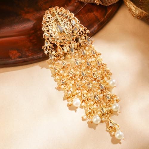 Rubans 18K Gold-Plated Kundan & Pearl Beads Studded Teardrop Motif Multilayer Hair Accessory for Women & Girls – Perfect for Bridal & Festive Looks 5
