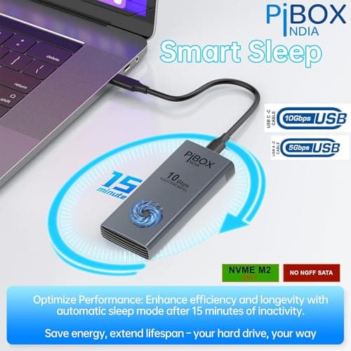 PiBOX India NVME M2 Enclosure Fan, SSD Enclosure - USB 3.2 10Gbps, Tool-Free M.2 NVMe Case, PCI-E NVMe Reader, USB-C, Supports M & B&M Keys, 2230/2242 5