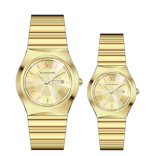 Giordano Analog Pair Watch for Unisex with Round Dial, Crystal Indices, Date Display and Stainless Steel Strap
