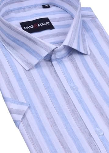 MARK & ALBERT Men's Half Sleeve Cotton Linen Striped Shirt Fawn 3