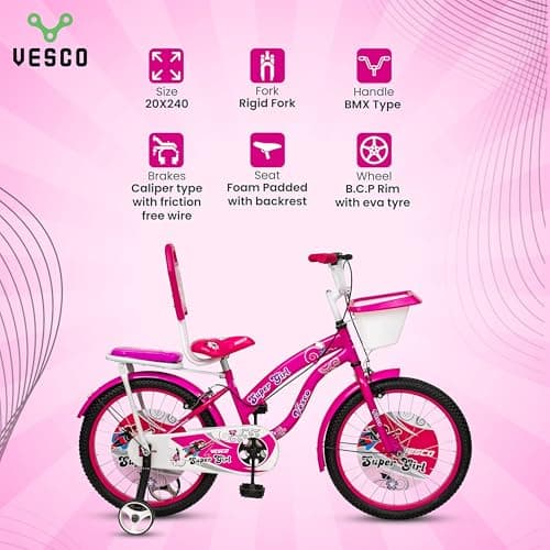 VESCO Super Girl 20T Cycle for Kids Girls with Balance Wheel & Back Carrier | Rigid Fork | Frame 12.5 Inch | Ideal for 6 to 9 Years Girls Kids Bike (Pink) 3
