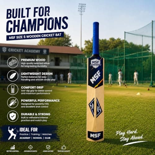 MSF Cricket Bat Size 6 with Tennis Ball for Boys 12-14 Years, Popular Willow Wooden Cricket Bat, Lightweight Training Bat for School, Practice & Outdoor Cricket, Durable Handle Grip 2
