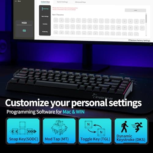 GK GAMAKAY x NaughShark NS68 Rapid Trigger Wired Gaming Keyboard, 65% Hall Effect Mechanical Keyboard, 8KHz Polling Rate 0.01mm RT, Snap Tap, Outemu Peach Crystal Magnetic Switch (Black-Shine Through) 4