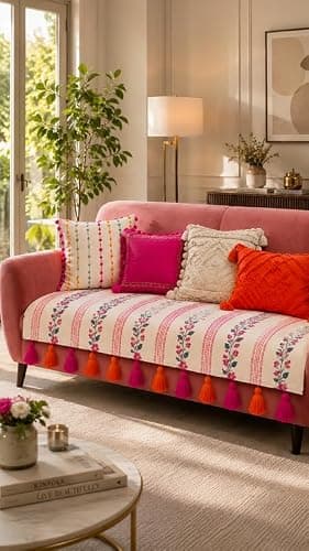 Throwpillow Phool Rangoli Festive Floral 5 Seater Waterproof Sofa Cover with Tassels for Living Room|3 Seater & 2 Seater Wooden Sofa Throw|6 Pc Set(3+2):2 Seat Covers & 4 Armrest Covers|Sofa Throw 3