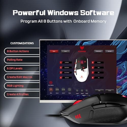 EvoFox Phantom 2 Programmable Gaming Mouse, 8 Programmable Buttons | High Performance 1000Hz Polling Rate | Ultra-Responsive 7000 FPS | 12800 DPI | RGB Lights with Music sync Mode, Windows Software 3