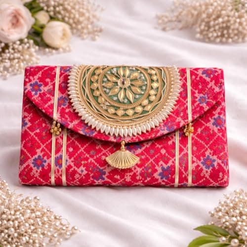 Jaipur Ace Women Ethnic Embroidered Clutch Bag with Golden Handwork & Tassel | Traditional Wedding Party & Festive Shagun Purse| Return Gift Clutch Set (Pack of 4) 4