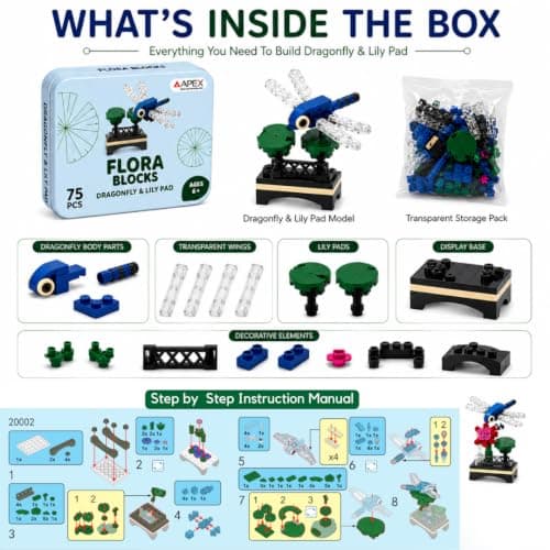 Flora Blocks Building Blocks Collection, Flower & Insect Building Set, Botanical Construction Toy, STEM Educational Gift, DIY Desk Decor for Kids and Adults Ages 6+ (Dragonfly & Lily Pad) 5