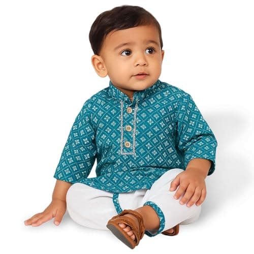 Traditional Baby Boys Full Sleeve Cute Ethnic Organic Cotton Soft Dhoti Kurta Set Baby Ethnic Wear Festival (Blue, 0-3 Months)
