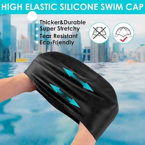 TEKCOOL Latest Designed Long Hair Swim Cap,Waterproof Silicone Swimming Cap for Adult Woman and Men,Keeps Hair Clean with Ear Protector Fresh Long Lasting Silicone Made Waterproof Swimming Cap(Black). 5