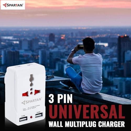 Spartan 3 Pin All Multiplug Charger/Travel Adapter, 10A Power Sockets / 2Pin & 3Pin Socket Adapter with Dual USB Charging Port (White, Pack of 1) 5